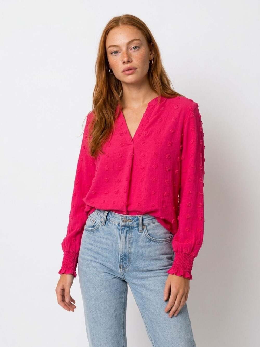 KAffe Kajollia Textured Swiss Dot V-Neck Blouse in Raspberry